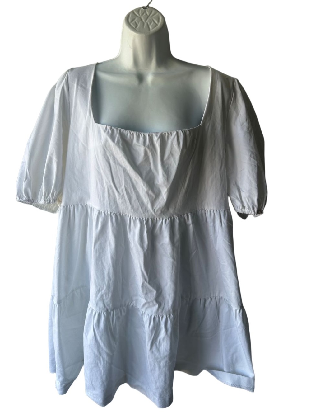 Gianni Bini White Puff Sleeve Tiered Babydoll Mini Dress Square Neck XL